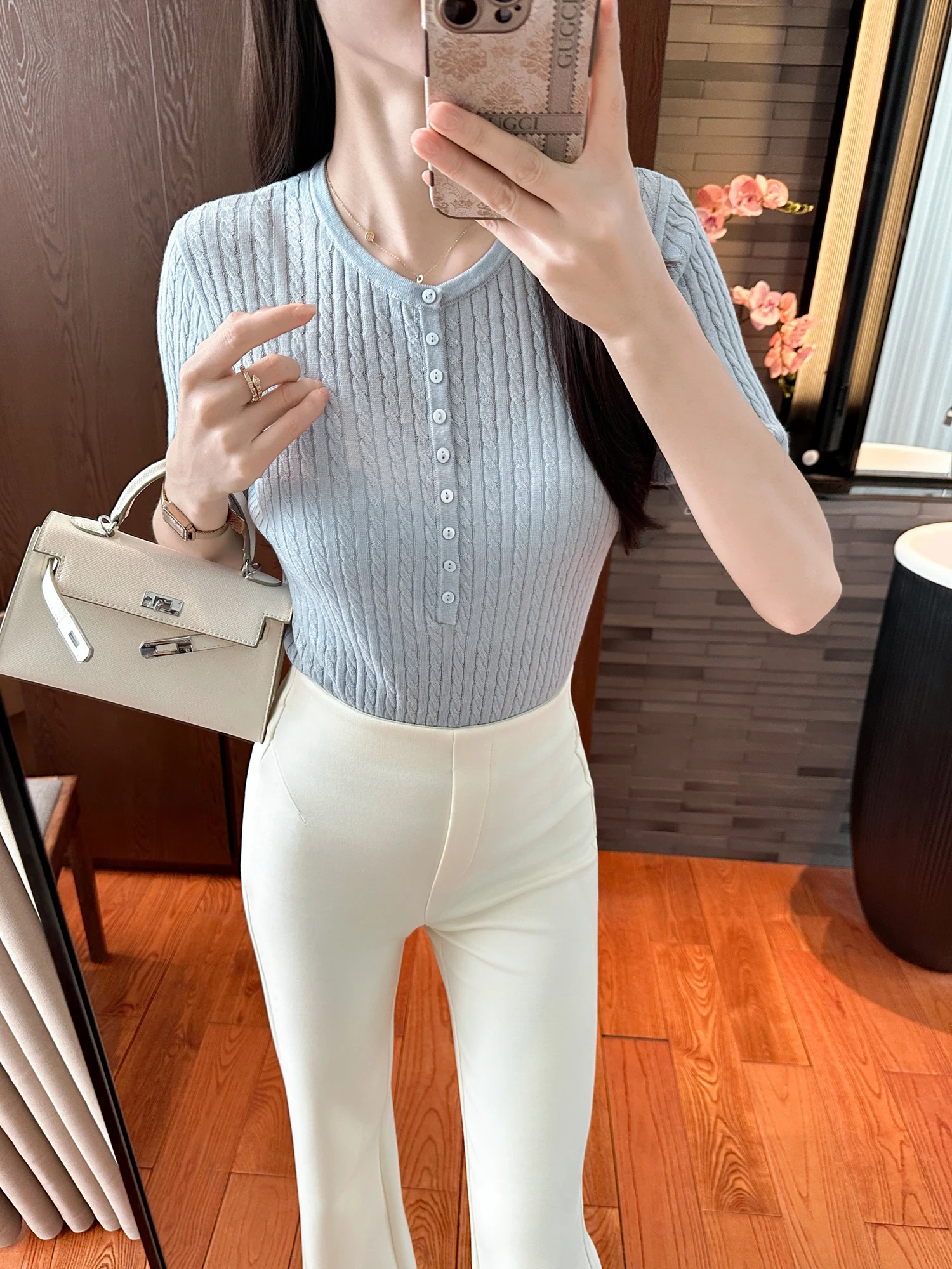 

You See Soft Comfortable Lightweight Cool High Elasticity Short Sleeve Knitted Sweater Women's Business Casual Style Slim Fit