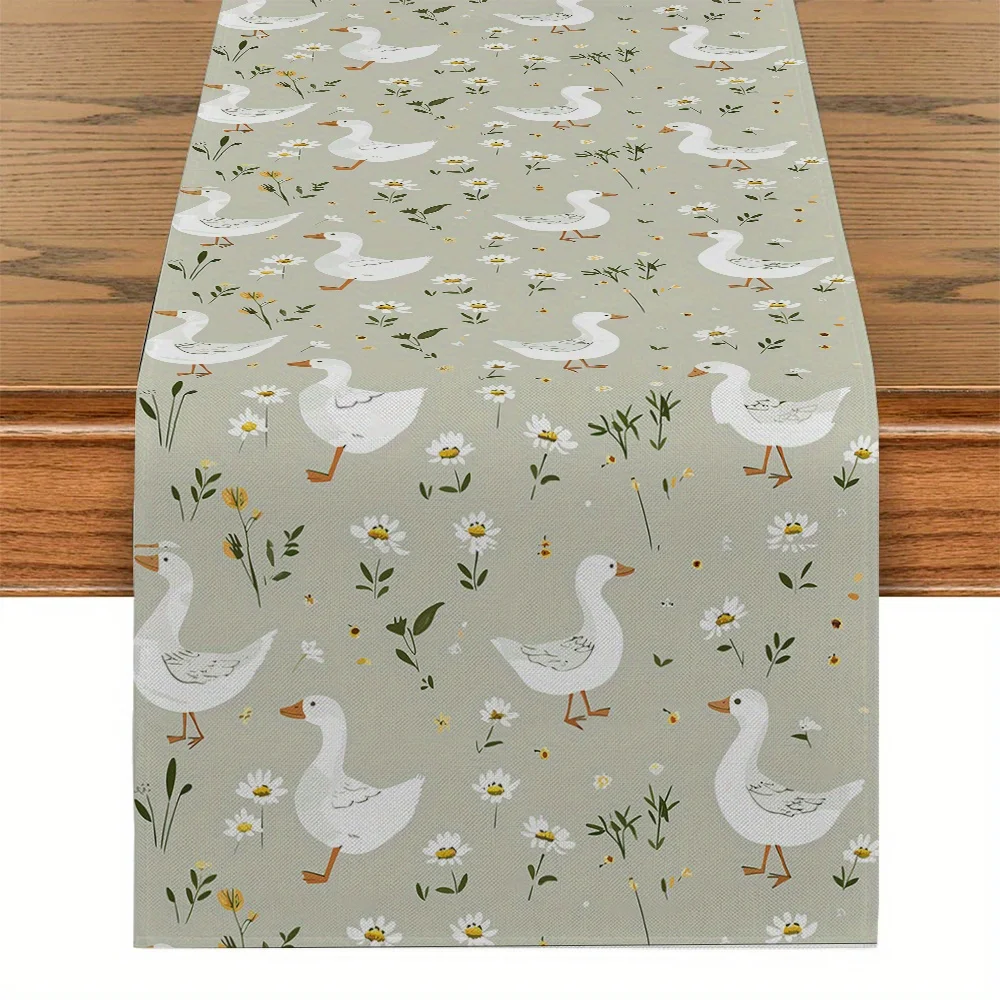Rustic Polyester Table Runner, Woven Duck & Floral Design Tabletop Decor for Kitchen Dining Home Parties and Family Gatherings