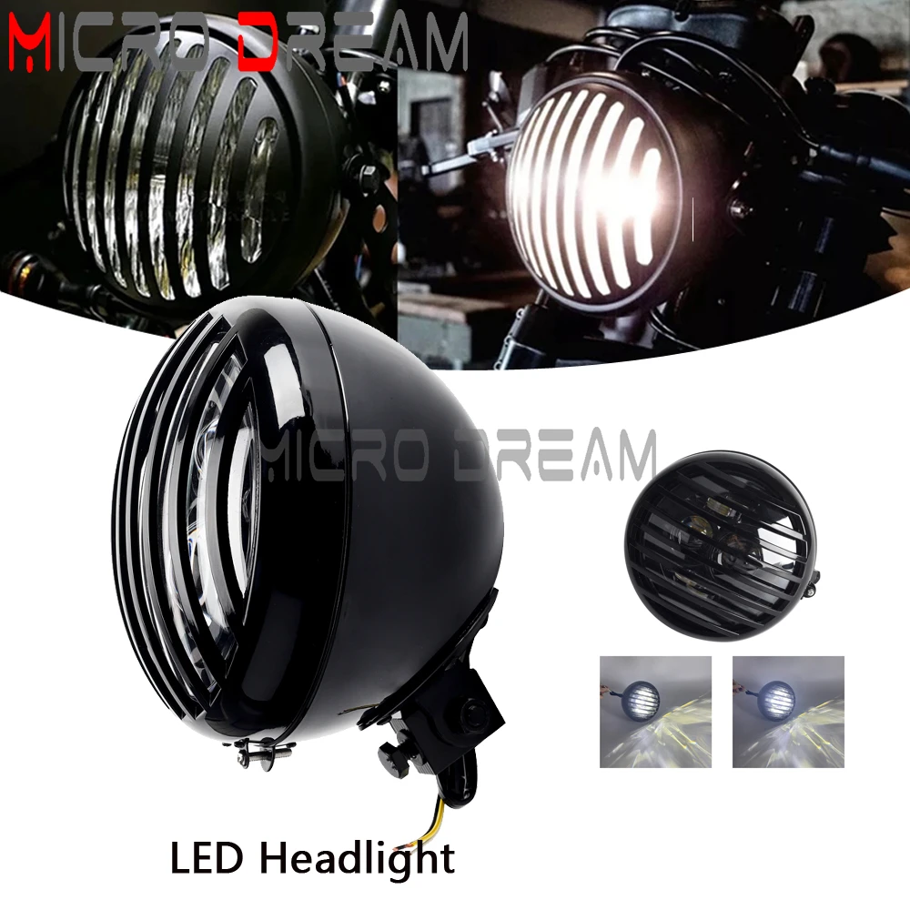 

Motorcycle Grill Headlight LED Front Light High/Low Beam Retro Headlamp For Harley Touring Dyna Softail Sportster Bobber Custom