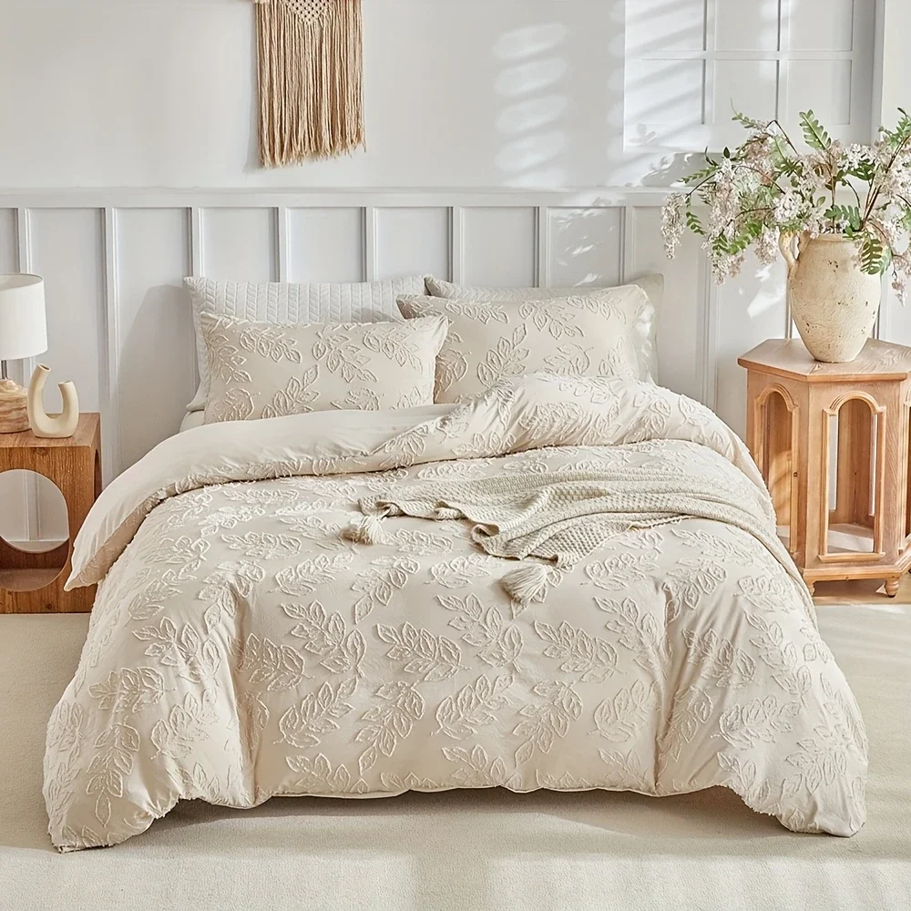 Solid Color Jacquard Duvet Cover Set High Quality Queen King Microfiber Bedding Set Leaf Shaped Soft Quilt Cover and Pillowcases