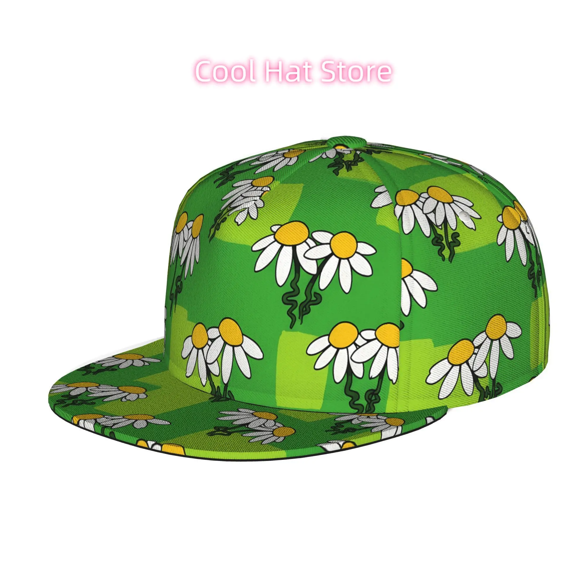 Flat Brim Baseball Cap Featuring Daisies on a Green Backdrop, Suitable for Men And Women, Ideal for Hip Hop Streetwear, Skateboa