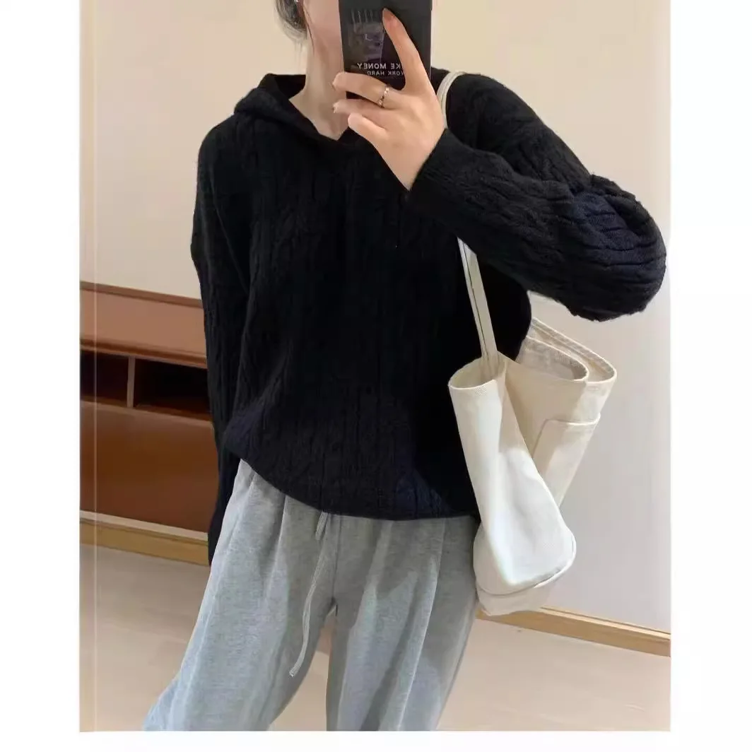 women sweater 2025 Autumn Winter New Women's Cable Knit Hoodie Retro Lazy Loose Fit Soft Cozy Trendy Knit Sweater
