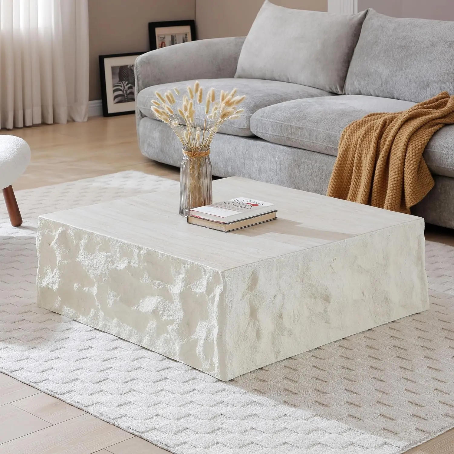 

Square Coffee Table, 35.43" Imitation Stone Coffee Table Fiberglass Side Accent End Unique Center Table For Living, Customized