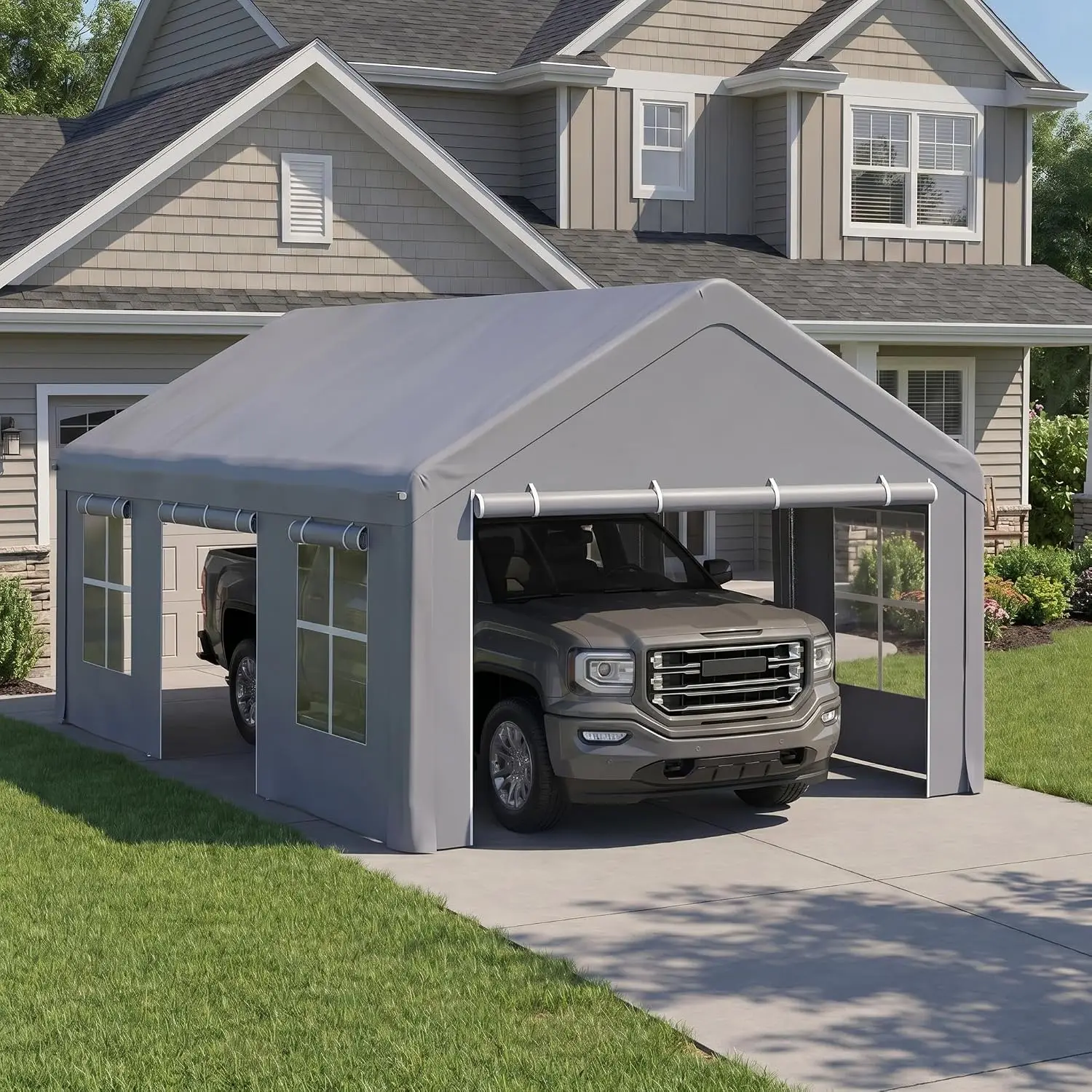 3 Roll-Up Doors & 5 Windows, Removable Sidewalls, All Season Outdoor Car Canopy Tent, Car Port for SUV Pickup Truck Boat