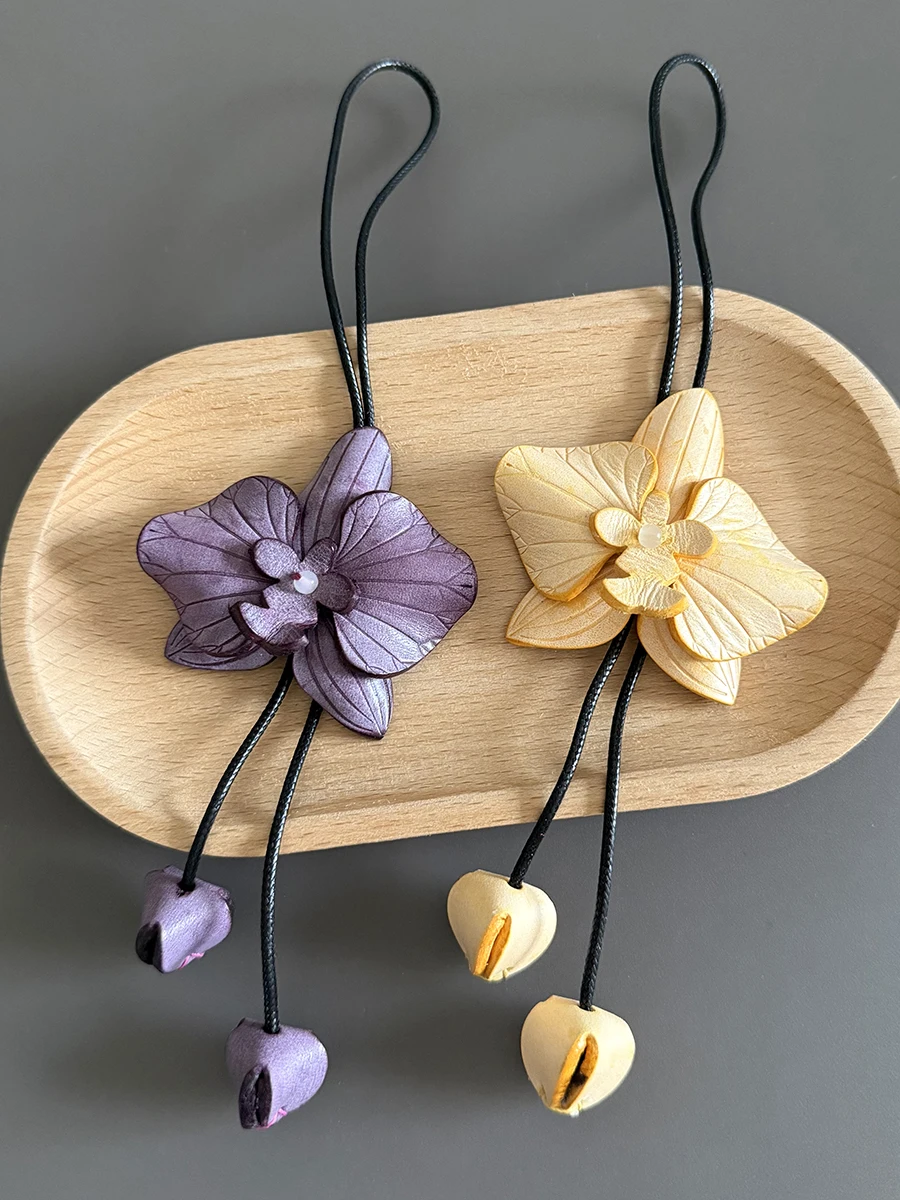 Flower Pendant First Layer Cowhide Bag Pendant Luggage Accessory Car Pendant Handbook Bookmark Gift Phalaenopsis Bag Charm