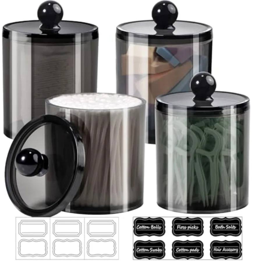

Qtip Holder, Acrylic Apothecary Jars with Chalkboard Labels - Shatterproof Qtip Holder for Bathroom - Vanity Storage Canisters