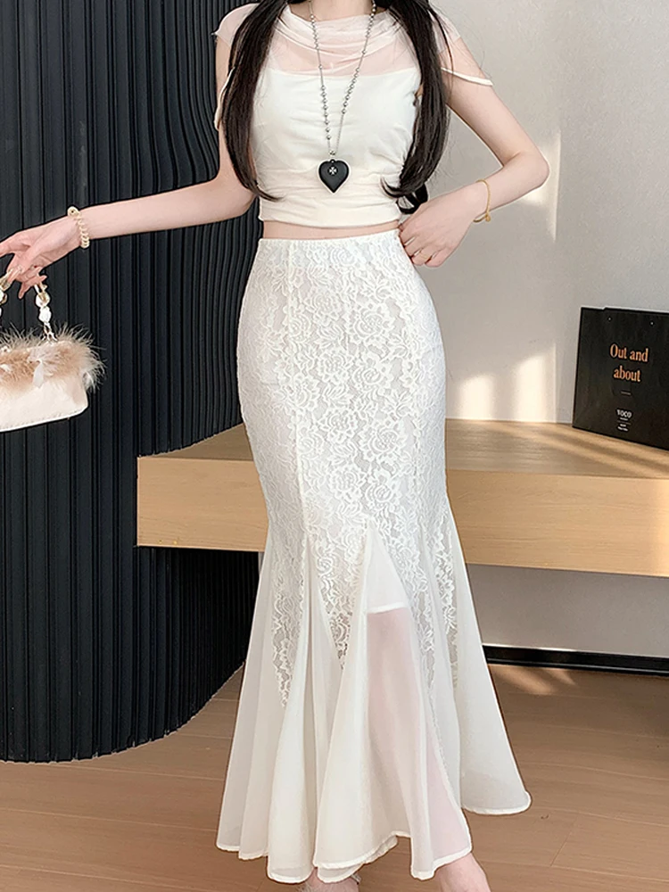 Lace fish tail half skirt for women in summer new light luxury high-end temperament hip hugging pleated mesh long skirt