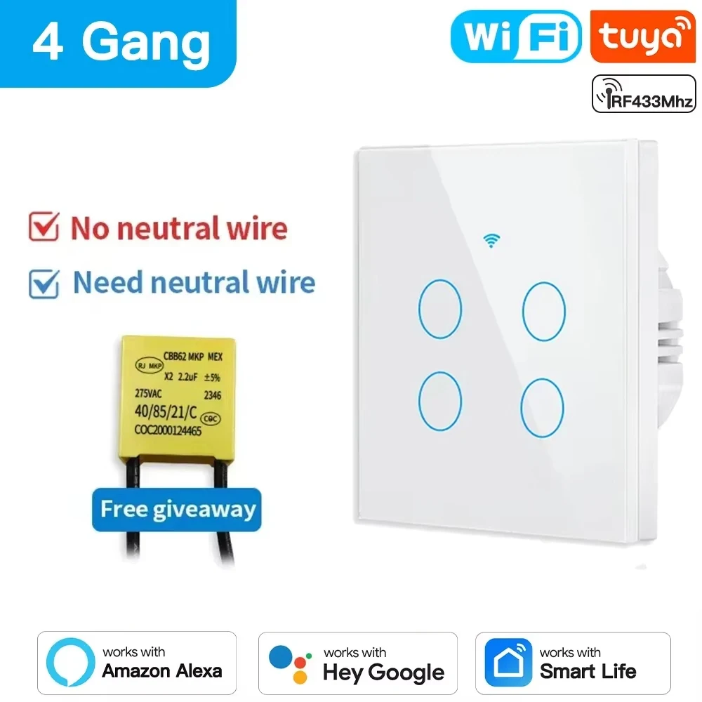 

Tuya EU WiFi RF433 Smart Wall Switch 1/2/3/4 Gang No Neutral Wire Touch Sensor LED Light Switches Smart Home Alexa Google Home