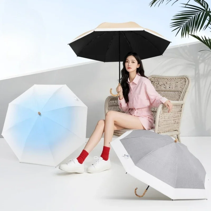 

Elegant Bamboo Handle 2-Fold Umbrella, UV & Heat Block Sun Protection, Ultra-Light Strong Windproof Durable for Ladies