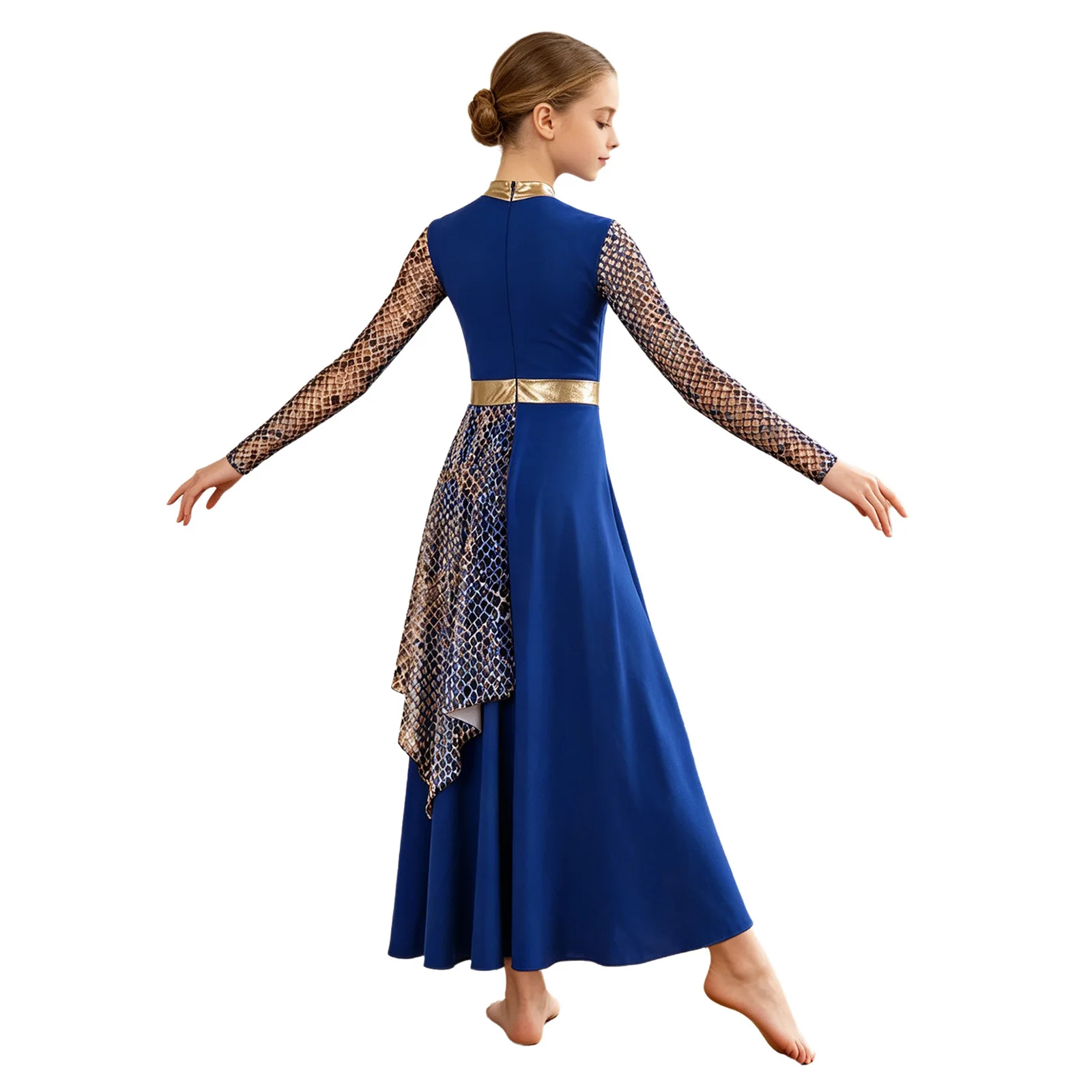 Kids Girls Long Sleeve Zipper Metallic Liturgical Worship Praise Dress Church Choir Modern Lyrical Dance Performance Costume