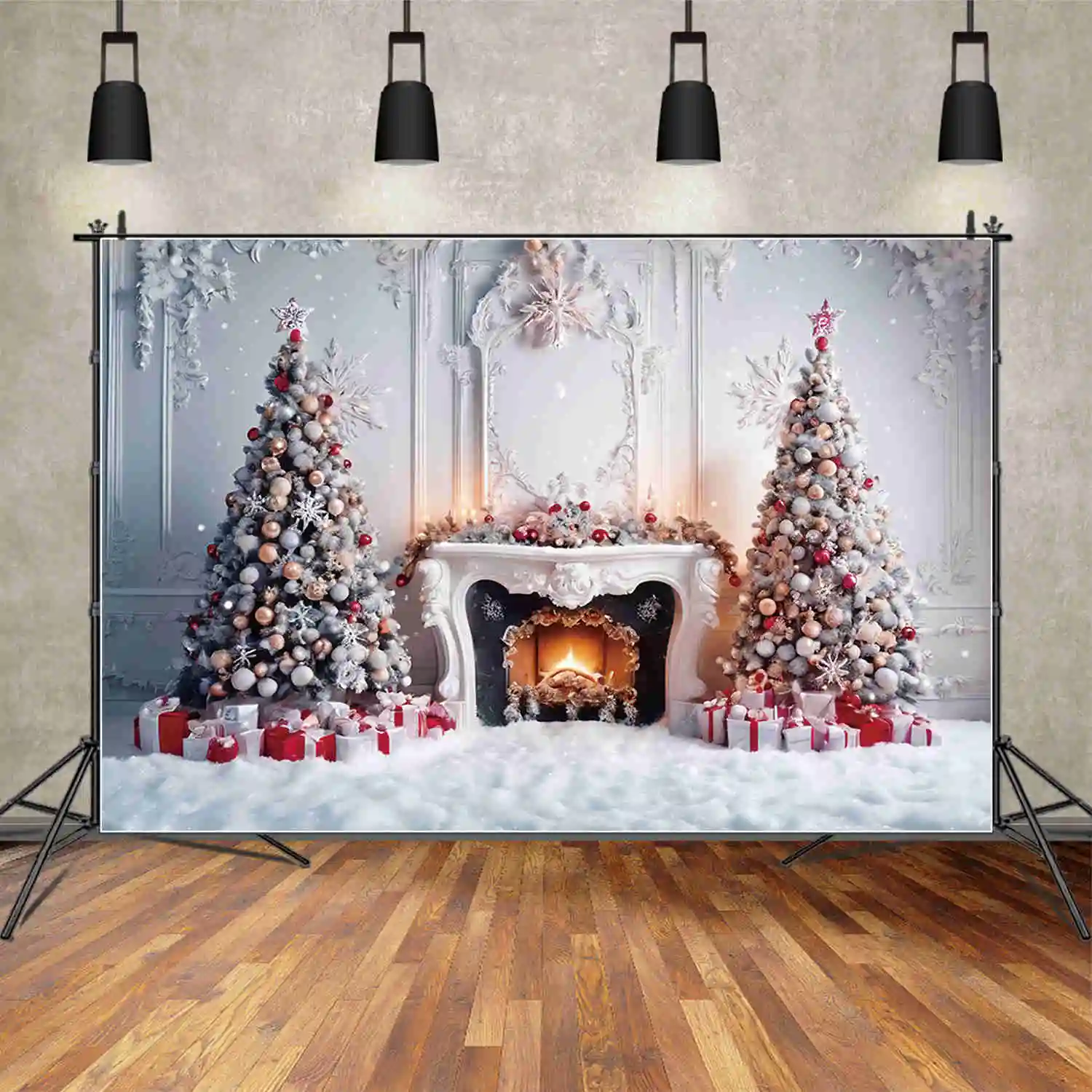 

MOON.QG Christmas Indoor Backgrounds Fireplace Light Trees Snow Living Room Backdrops Party Decorations Photography Accessories