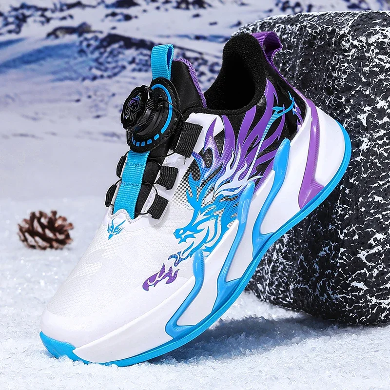 Boys Winter Basketball Shoes Rotary Buckle Kids Sneakers Dragon Pattern Waterproof Upper Warm Fleece Lined Children Sports Shoes