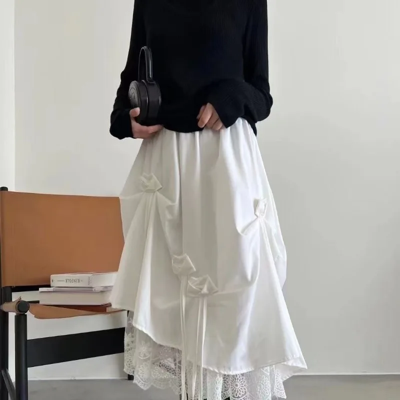 Bows Woman Skirts Irregular Solid Spring Autumn Long Skirt Japanese Style Vintage Fashion High Waist Faldas Mujer