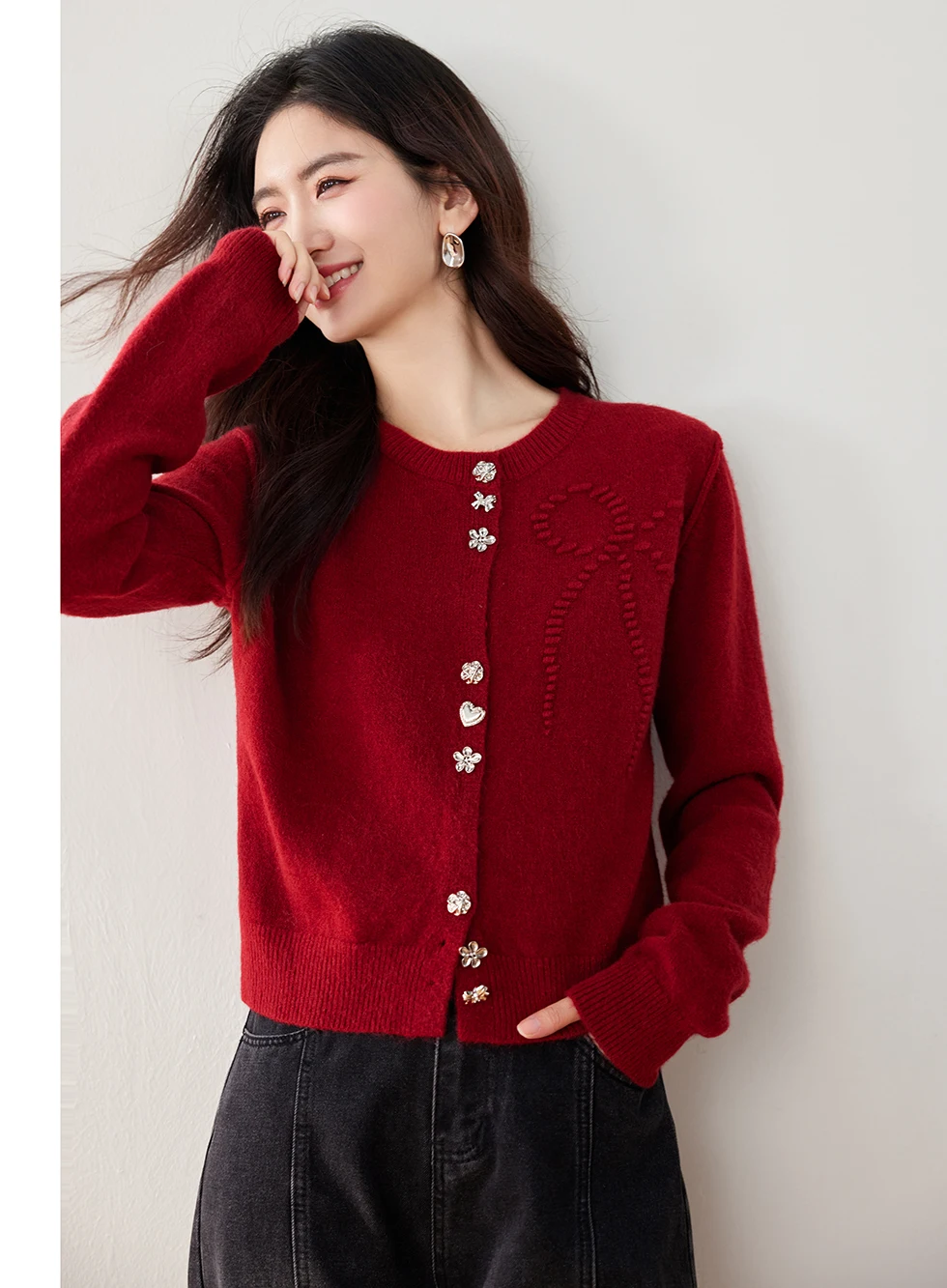 New Christmas New Year Red Knitted Sweater Coat High Quality Winter Women Round Collar Diamonds Single Breasted Cardigan Tops