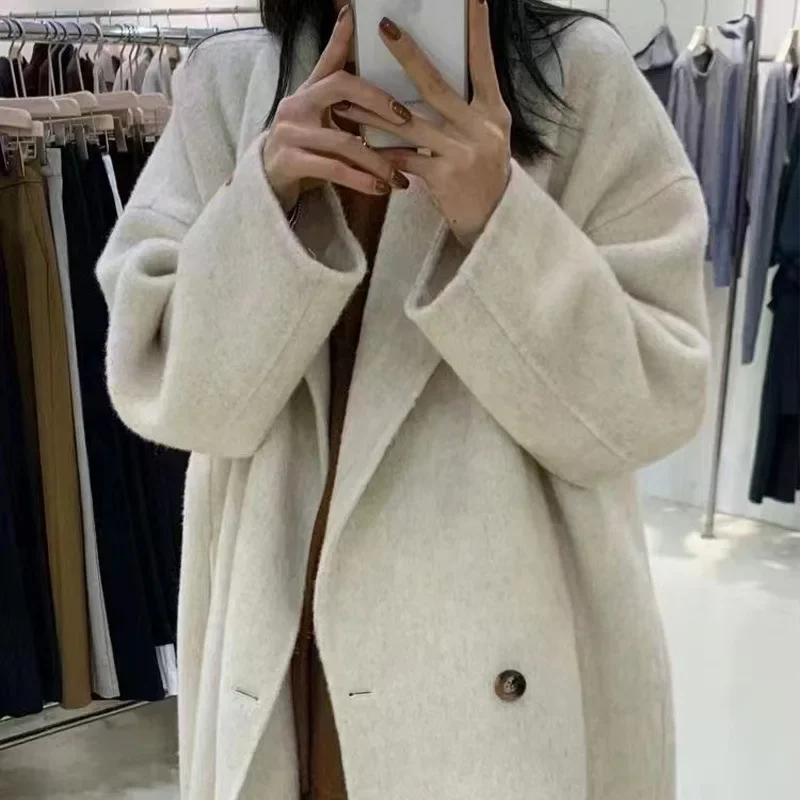 

high-end double-sided cashmere coat women's wool double-breasted Korean version medium and long cocoon-shaped woolen coat