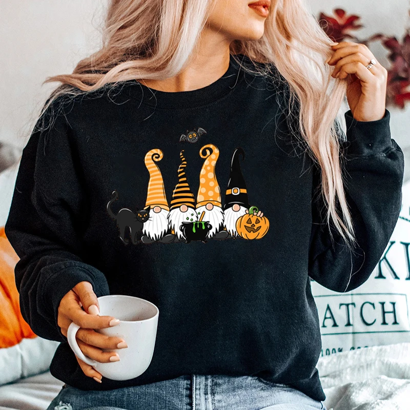 Women Fashion Creative Halloween Gnomes Pumpkin Print Pullovers Ladies Plus Size Long Sleeve Pure Color Hoodless Sweatshirt Tops