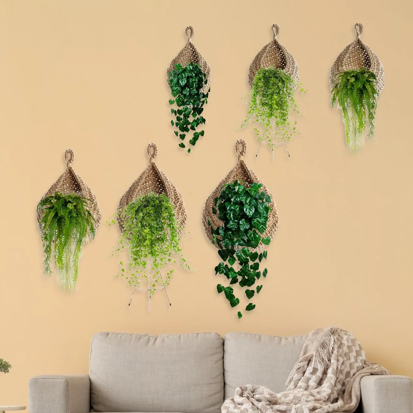 6 Pieces Jute Rope Hanging Wall Baskets for Restaurant Lightweight Weaving