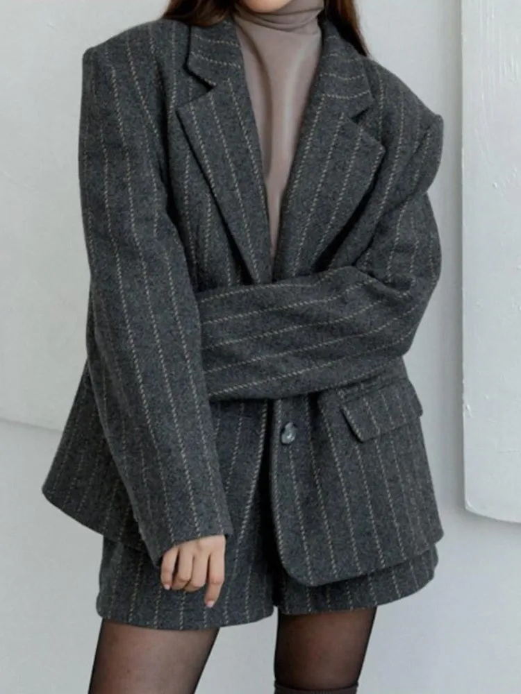 

Fashion Retro Striped Women's Coat Shorts Set Casual Loose Turndown Collar Single Breasted Coats Women Elegant Short Pants Sets