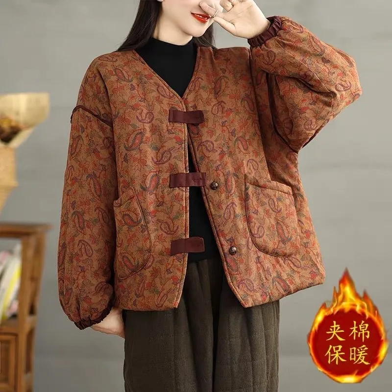 Women's Retro Contrasting Color V-neck Floral Cotton Jacket Spring Autumn and Winter New Thickened Mother Warm Cotton-padded Top