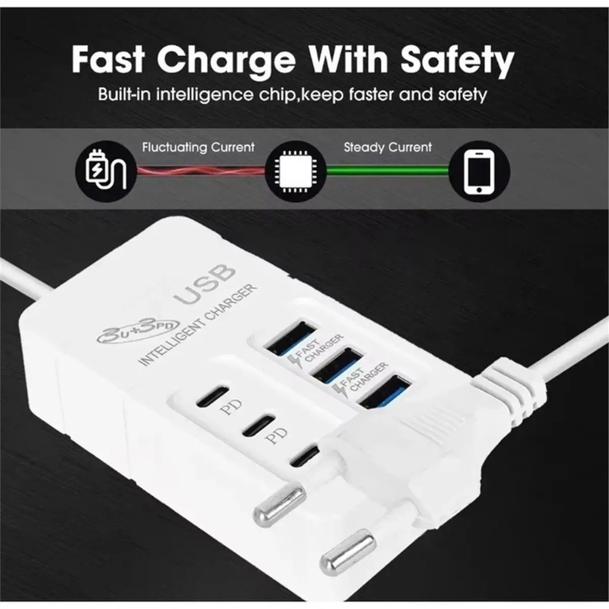 6 Ports Multiport USB Docking Station PD Type-C Mobile Phone Fast Chargin Quick Type C Hub Adapter EU Plug