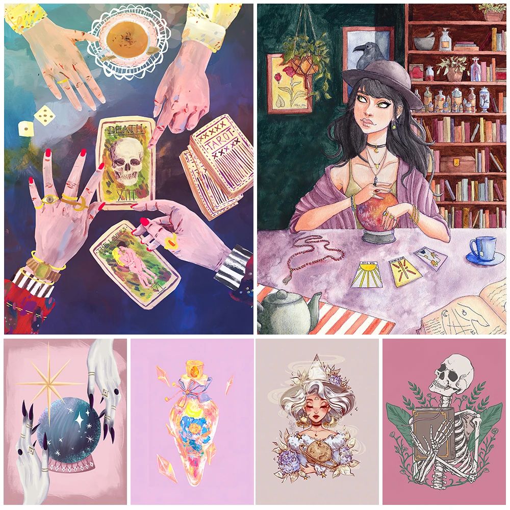 Crystal Ball And Witchcraft Tarot Card Divination Wall Art Canvas Painting MoonBlossom Potion Poster Print Witch Home Decoration