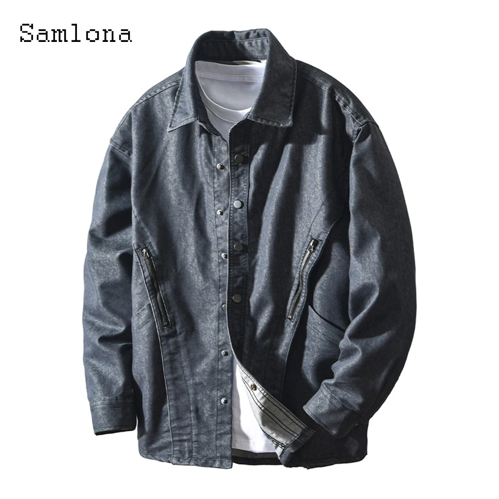 

Samlona большие размеры мужские повседневные уличные рубашки Hommes модная рубашка-карго блузка мужская с длинными рукавами винтажные базовые топы верхняя одежда