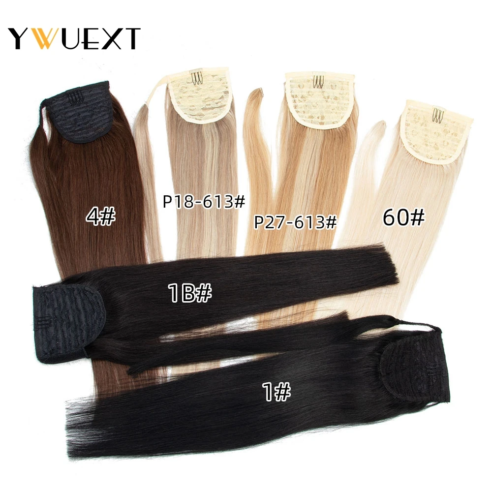 YWUEXT Echthaar-Pferdeschwanz-Extensions, gerade, 35,6 cm, 45,7 cm, 50,8 cm, 61 cm, natürliche brasilianische Remy-Wickel-Clip-in-Haarverlängerung, 60–100 g