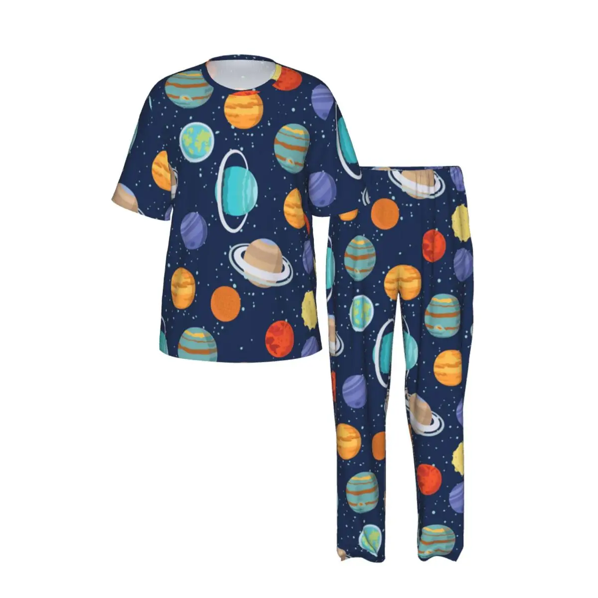 Men's Casual Pajamas Sets Short Sleeve and Pants Sets Male Sleepwear Astronaut Earth Saturn Rockets And Stars Home Clothes