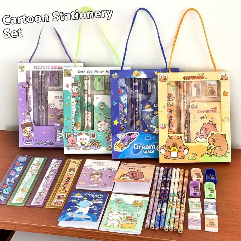 

6Pcs/Set Cartoon Capybara Pencil Stationery Set Kawaii Eraser Pencil Sharpener Children Student Stationery Supplies