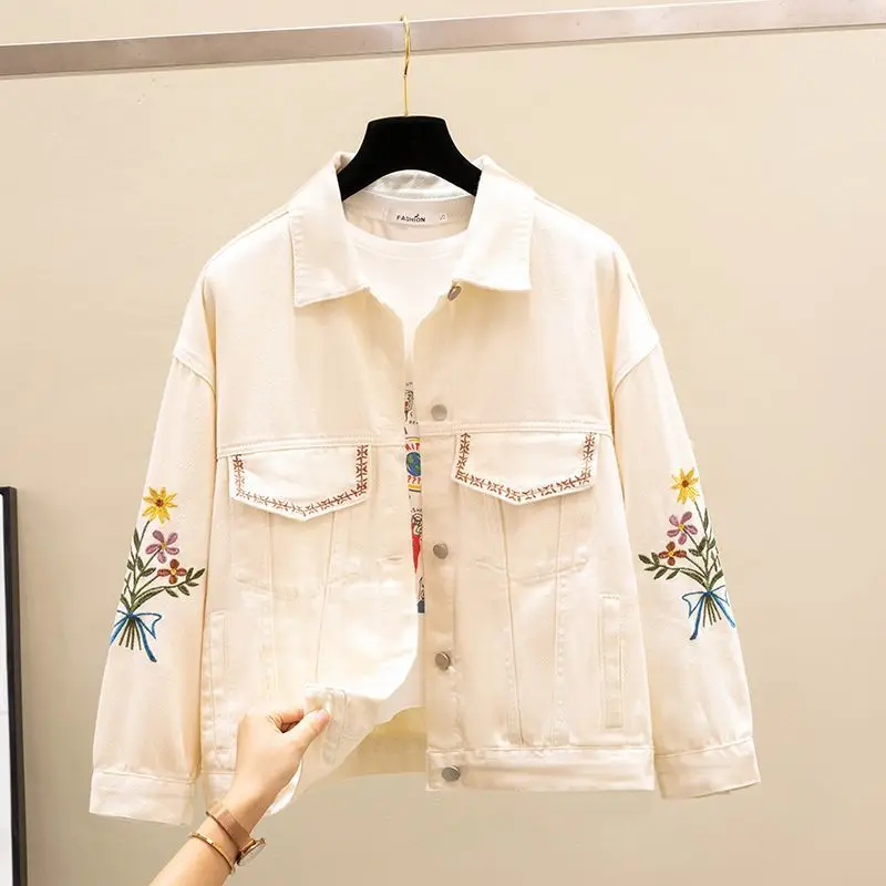 

Denim Jackets Embroidery Floral Pattern One Breasted Loose Causal Outer Coats Women Beige Exquisite Versatile Lady Top Outerwear