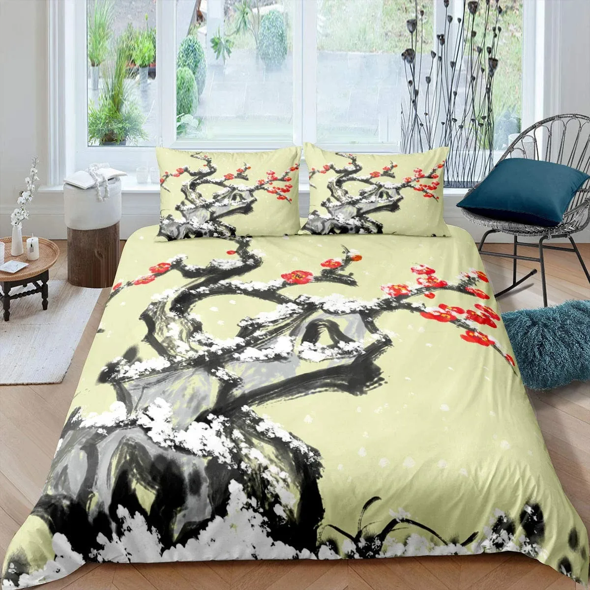 

Plum Blossom Duvet Cover Set Red Flower Floral Comforter Cover For Girls Teens Microfiber Butterfly Branches Printed Bedding Set