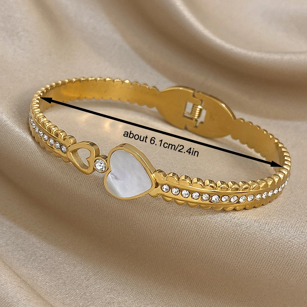 أنيقة الفولاذ المقاوم للصدأ مطعمة شل القلب الزركون الكفة سوار للنساء الرجال الزفاف الزفاف المفتوحة الإسورة مجوهرات عيد الحب