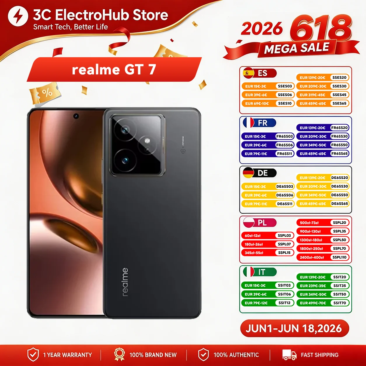 【EU Version】Realme GT 7, Chipset phare 5G Dimensity 9400e, 6,78 pouces, Refroidisseur à 120Hz, Charge rapide 120W, 7000mAh, 50MP 2X, IP69