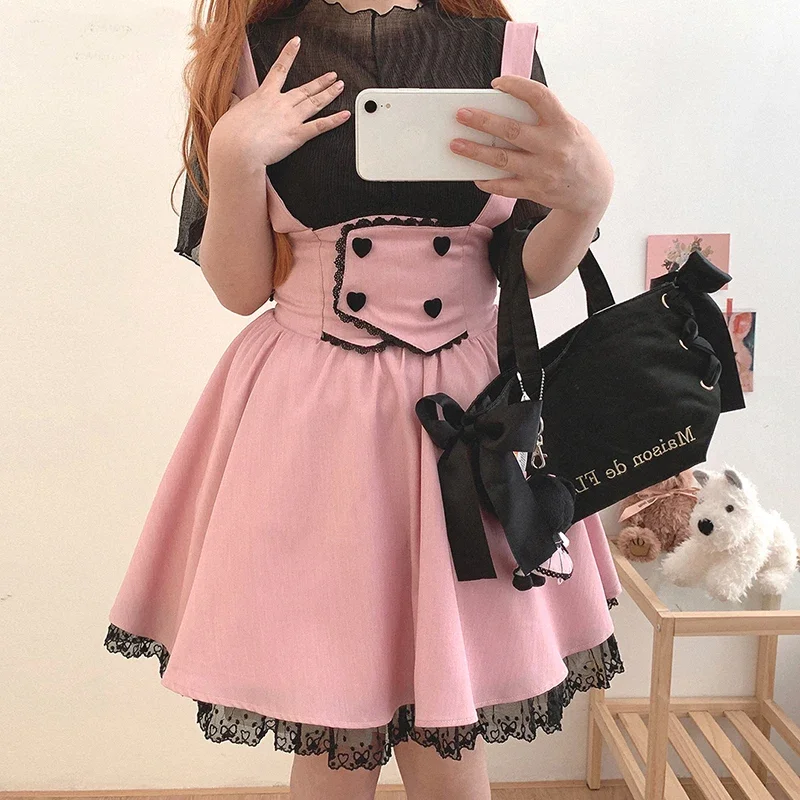 Mini saia com guarnição de renda para meninas doces, saias bonitas com botão amor, roupas kawaii, harajuku