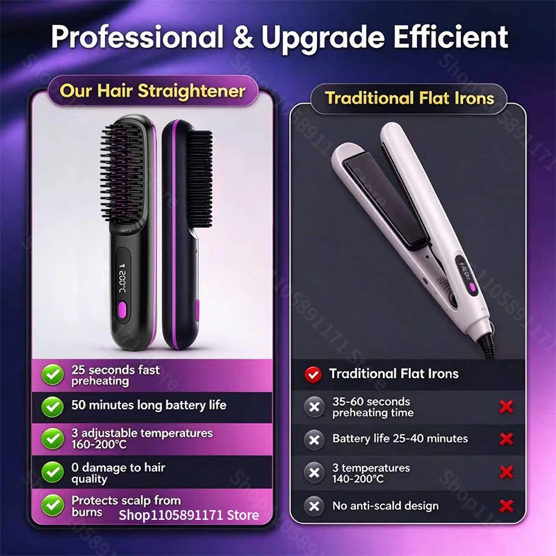 Portable Hair Straightener Brush Charging Cordless Hot Comb Ceramic Coating Ionic Anti Frizz Styling Tool Instant Salon Smooth