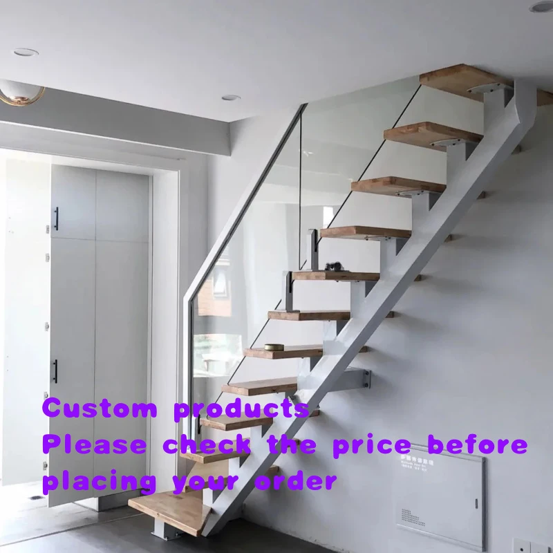 custom.Single Beam Iron Straight Staircase Glass Balustrade Indoor Floating Style Central Stringer Hidden Structure Custom Size