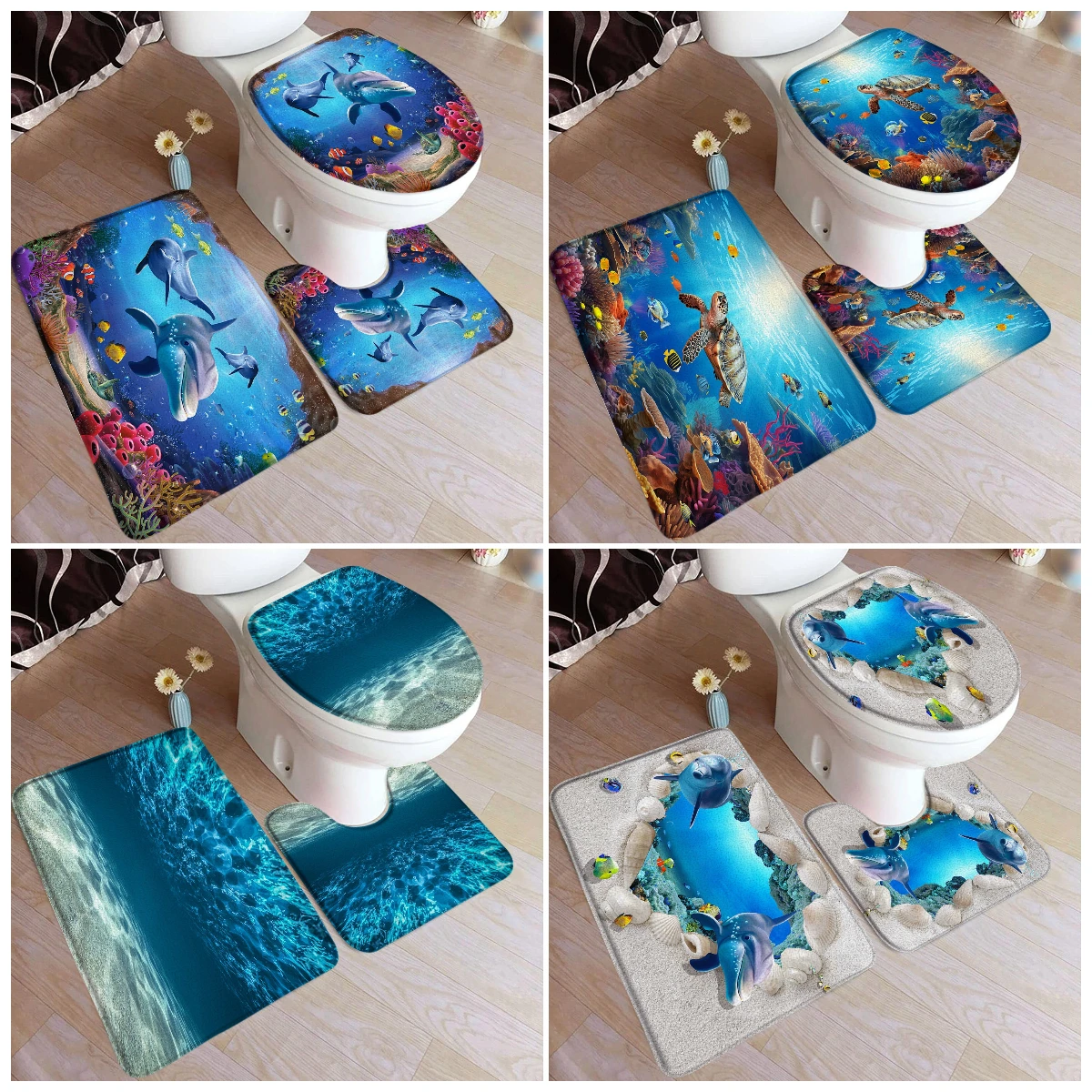 Funny Dolphin Sea Turtle Bath Mat Set Marine Animals Fish Coral Underwater Scenery Home Bathroom Decor Rugs U-Mats Toilet Cover