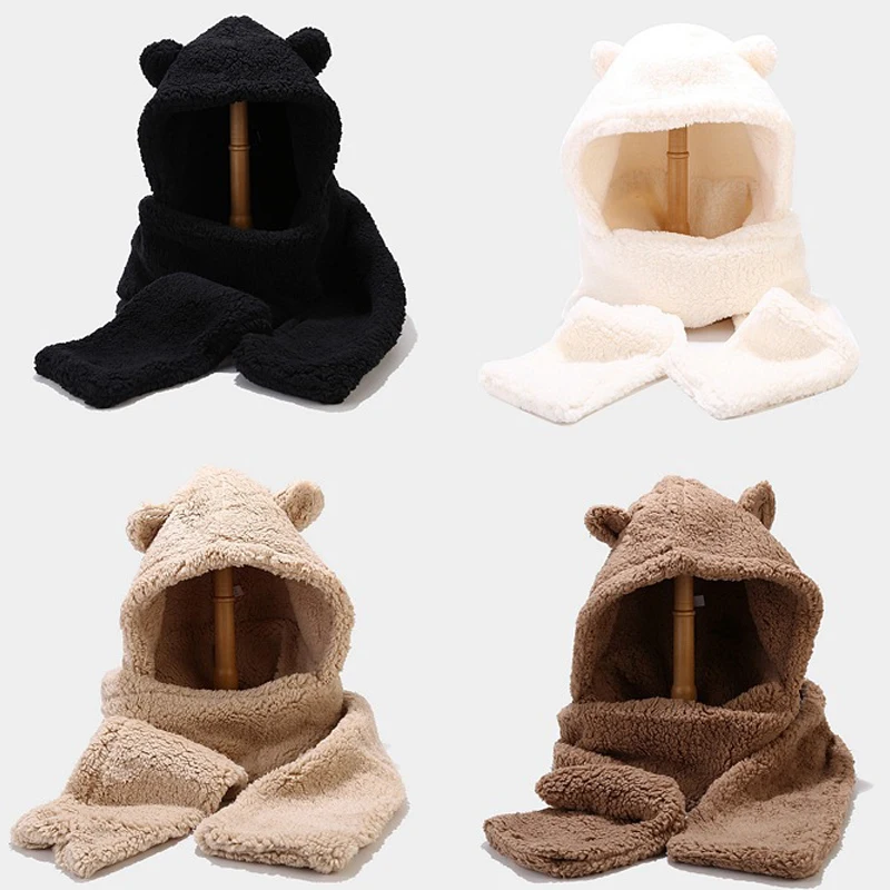 Bear Ears Warm Hat Scarf Sets Women Men Winter Lamb Wool Thick One-Piece Warm Beanies Outdoor Neck Protection Fleece Lining Suit