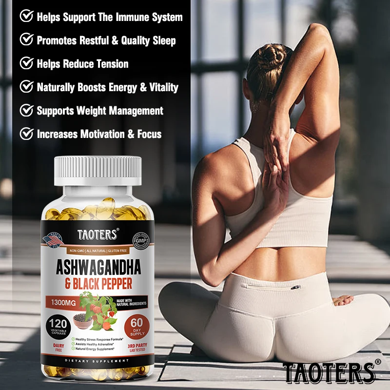 كبسولات مستخلص أشواغاندا النقية 1300 مجم مع الفلفل الأسود - مكملات غذائية نباتية 30/60/120 عدد