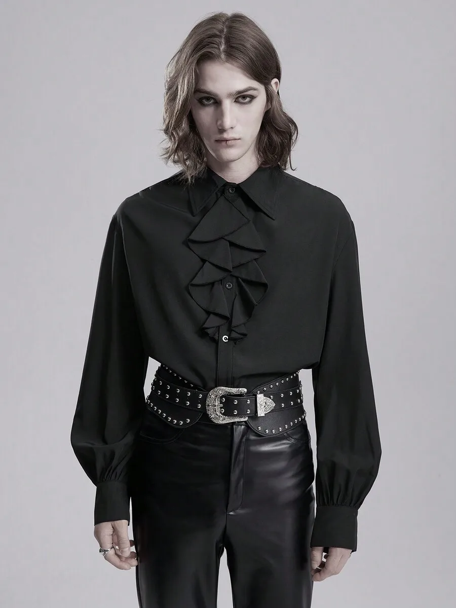 

Men's Black Long Sleeve Casual Shirt with Ruffled Front Detail