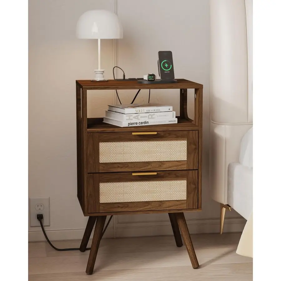 

Rattan Nightstand with Charging Station,Farmhouse Bedside Table with 2 Storage Drawer and Open Wood Shelf, for Bedroom and Smal