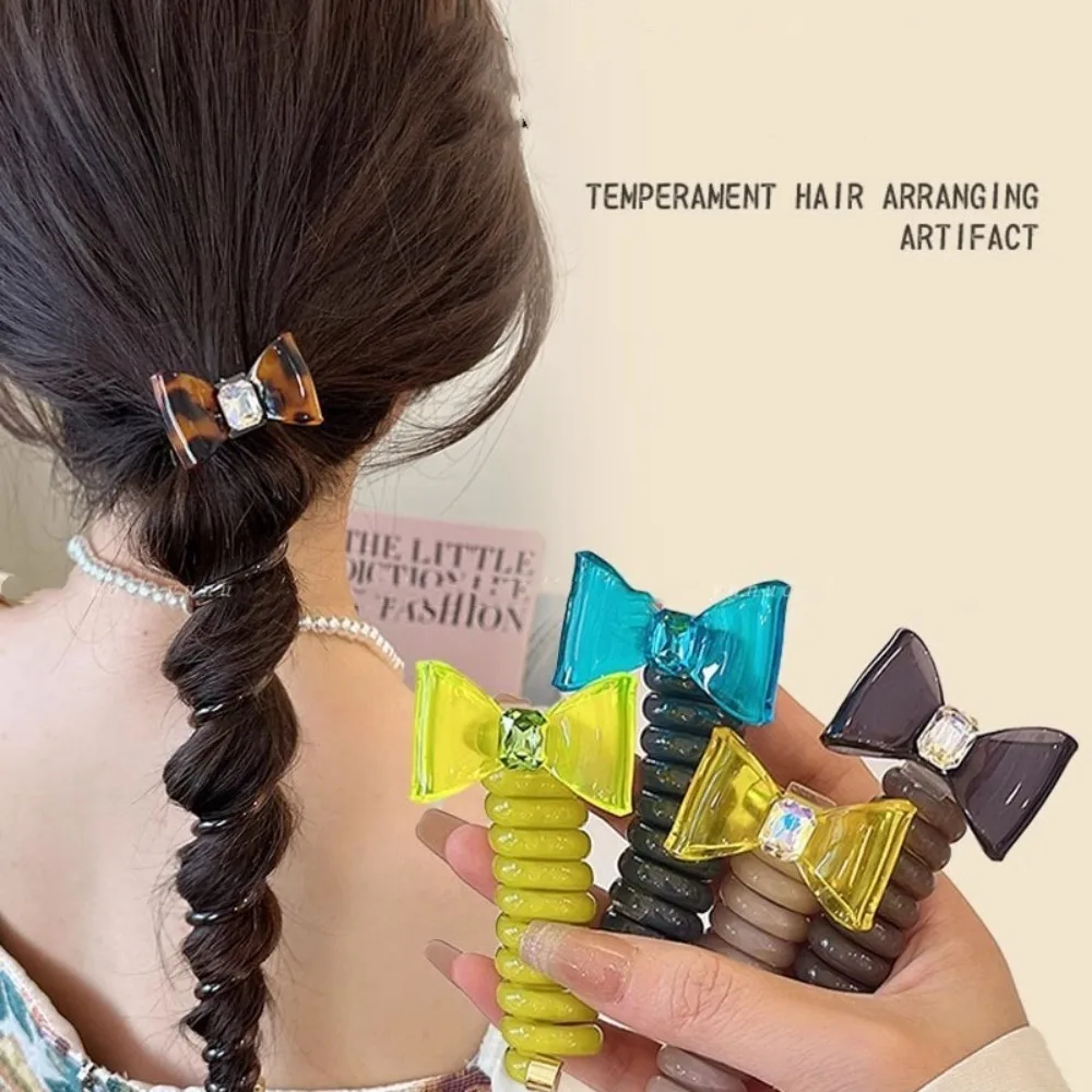 Resin Telephone Wire Hair Rope Bow Candy Color Telephone Line Headband Hair Styling Tools Rhinestone Crooked Hair Loop Girls