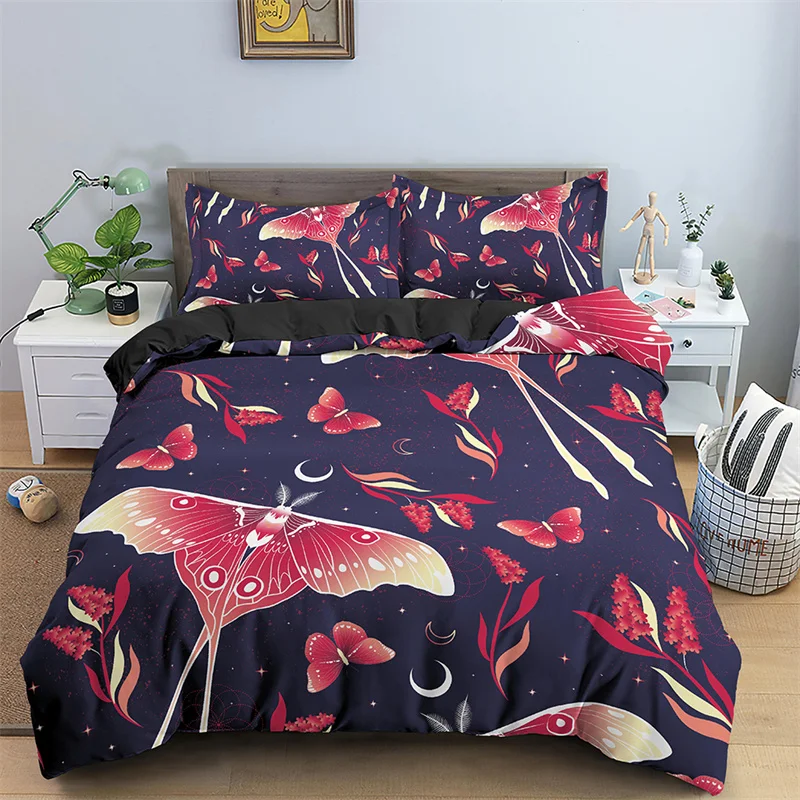 Butterfly Bedding Set Full King Size Hippie Boho Moth Duvet Cover Microfiber Animal Botanical Psychedelic Starry Sky Quilt Cover