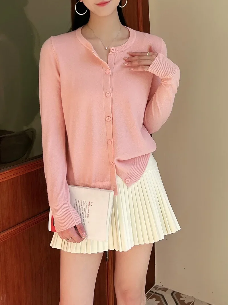 Women Simple Solid Colors O-Neck Single Breasted Knit Shirts Spring Autumn All-Match Casual Pullover Sweater Chic Sweet Sweaters