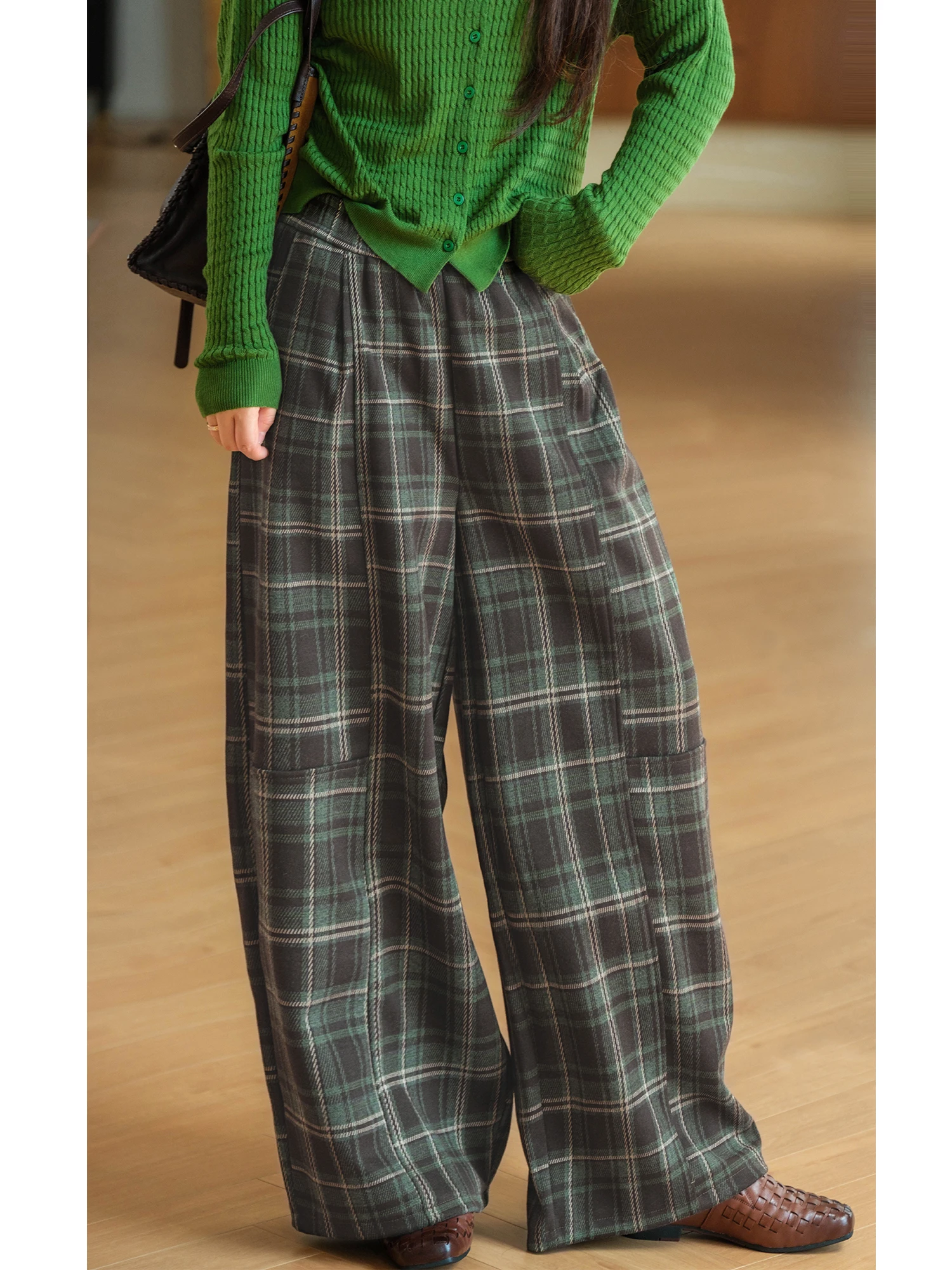 Fashionable Wide Leg Casual Pants Color Woven Heavyweight Flocking Retro Color Block Elastic Waist Comfortable Breathable Lad...