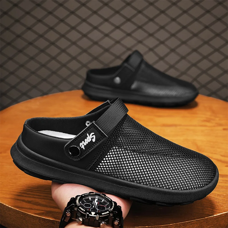 Mesh Half Shoes For Man Mules Flat Board Shoes 2025 Summer Backless Loafers Slippers Man Slides Mens Open-back Casual Shoes