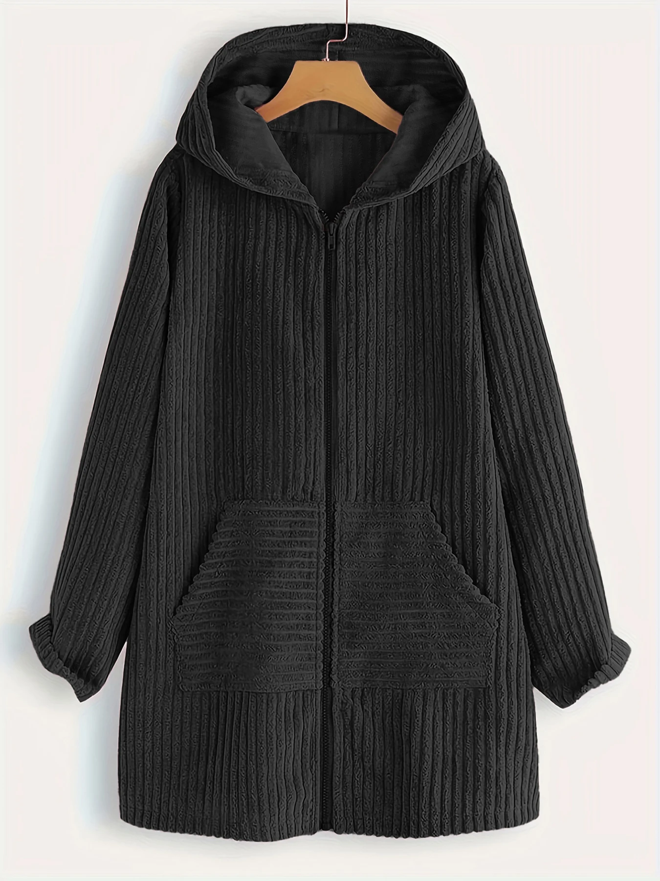 Plus Size Women Vertical Ribbed Textured Hooded Coat Full Zip Front Mid Length Long Sleeve Patch Pocket Loose Casual Outerwear