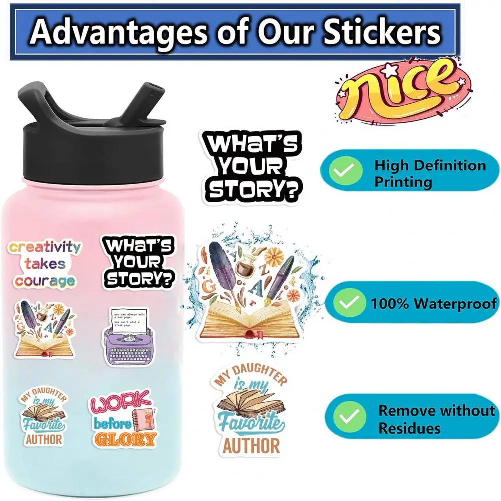 Sunproof Stickers Waterproof Stickers 50pcs/set Reading Lovers Stickers for Kids Teens Cartoon Writer Graffiti Teachers Students