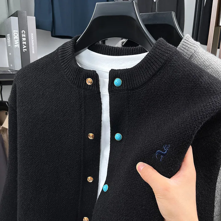 كارديجان مطرز مفتوح للرجال من بوليا، سترة محبوكة جديدة للربيع بياقة مستديرة، ملابس خارجية فضفاضة غير رسمية من ألياف البوليستر...