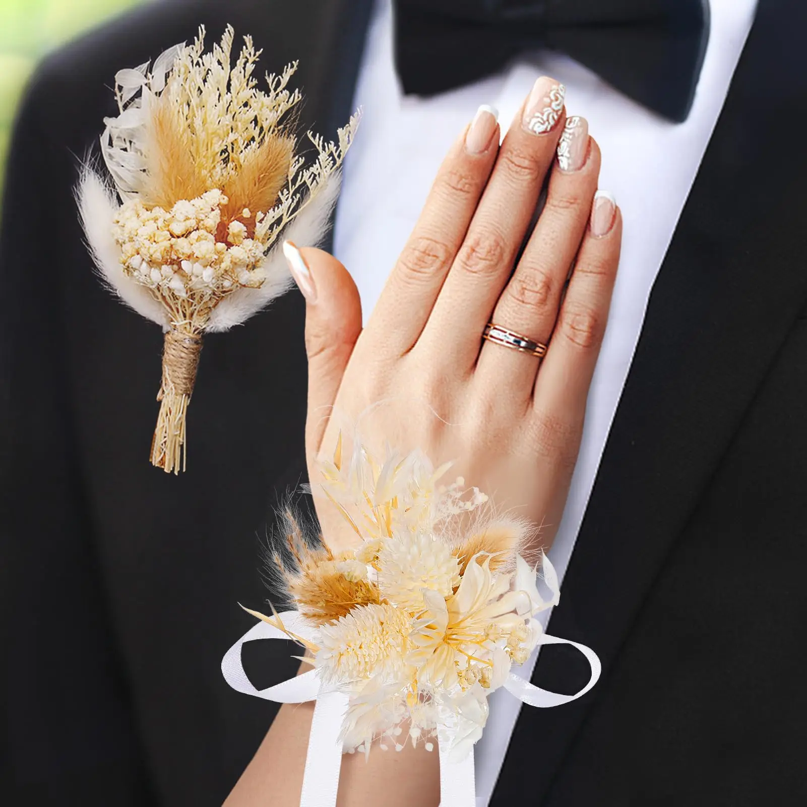 

2Pcs Wrist Corsage and Boutonniere Set,Boho Pampas Bouquet for Wedding Men Women Groom Bride Prom Anniversary Flowers Decoration